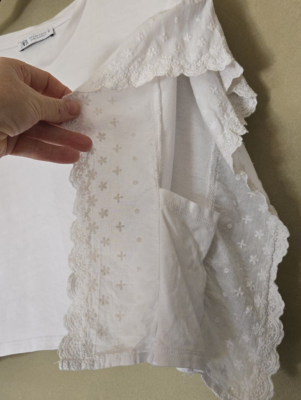 Zara | White Eyelet Lace Flutter Sleeve Top w/ Minor Flaw, Size S - Picture 6 of 10